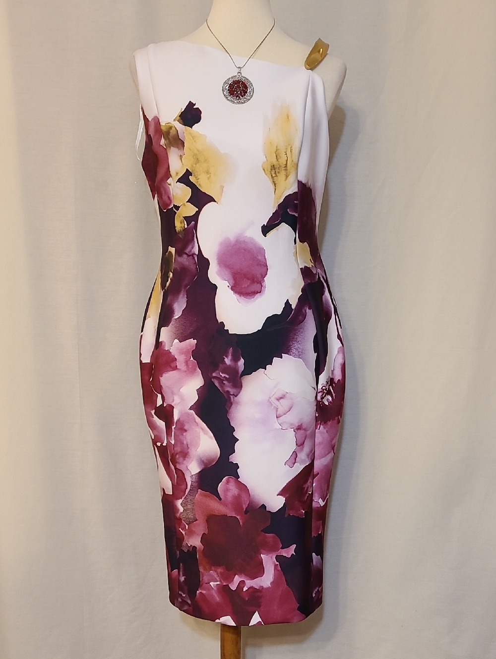 Donna Karan Floral Print Asymmetrical Neck Sheath Dress